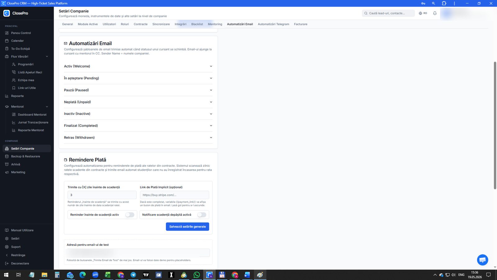 Automatizări email pe statusuri & reminder-e plată